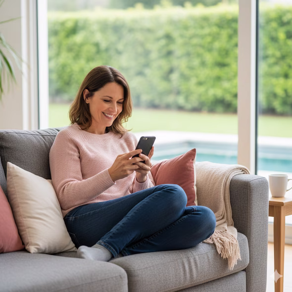 Propietaria consultando su móvil tras recibir la notificación de vivienda alquilada